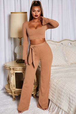 Hands Are Tied Ribbed Long Sleeve Crop Top in Camel