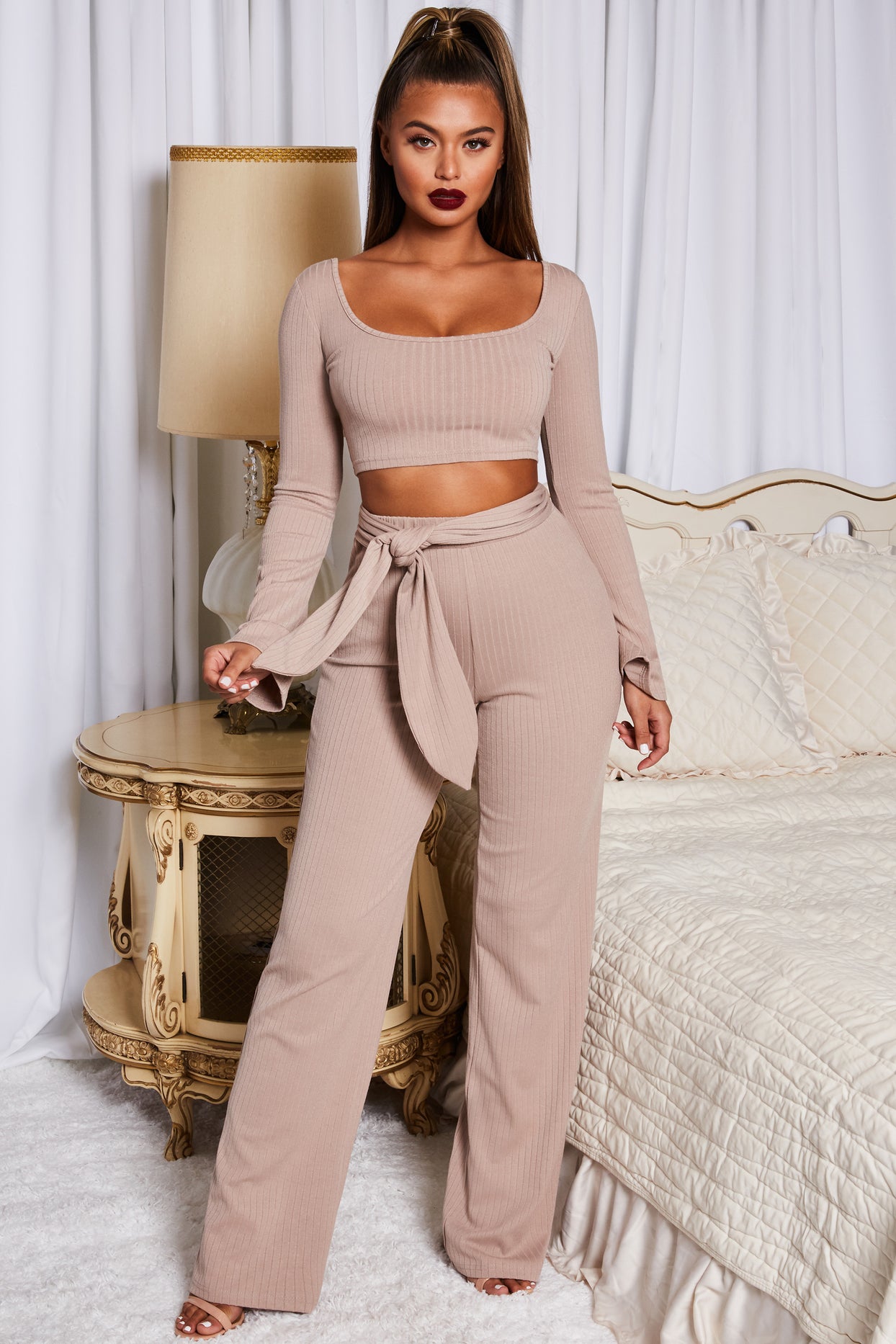 Hands Are Tied Ribbed Long Sleeve Crop Top in Stone