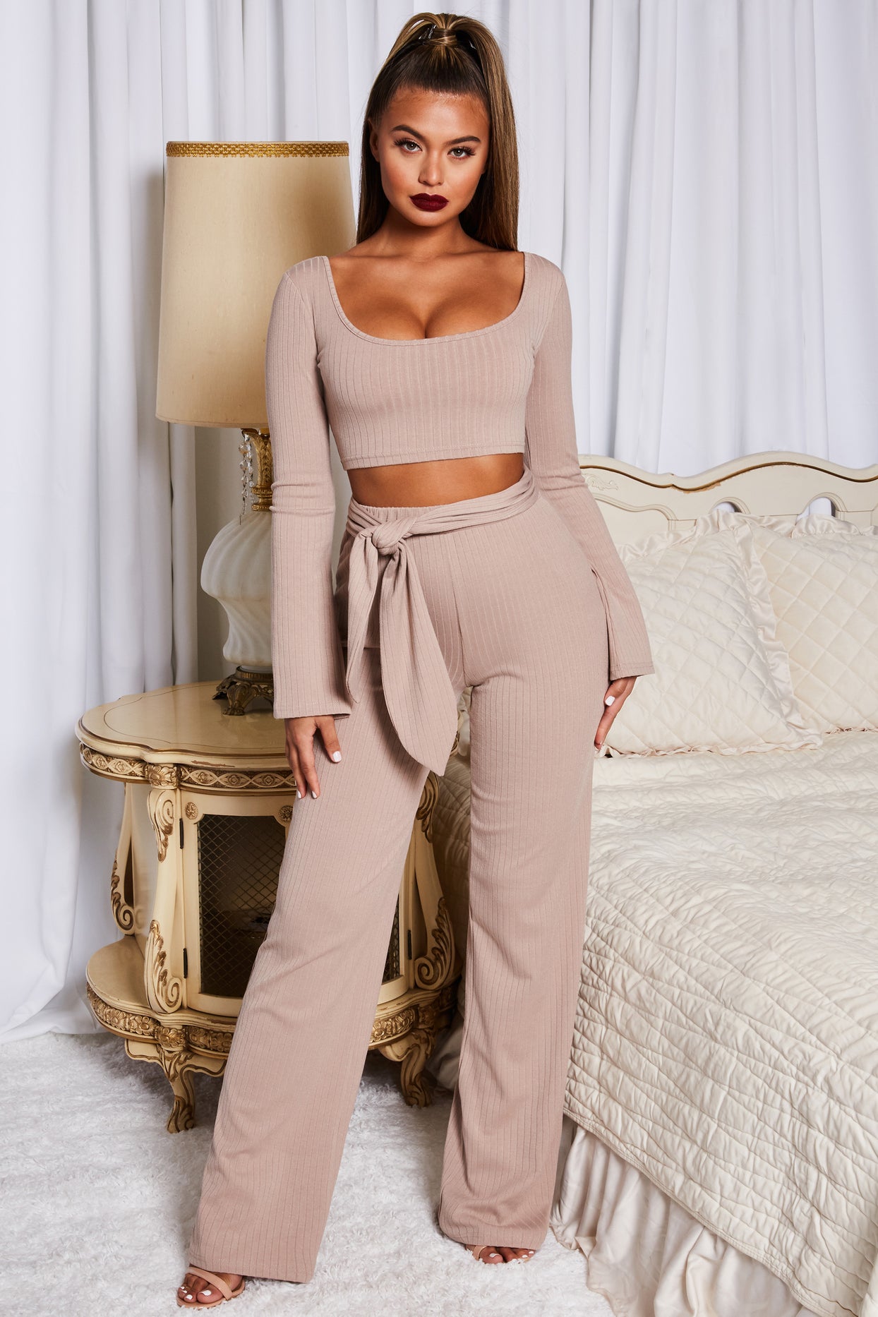 Hands Are Tied Petite Wide Leg Ribbed Trousers in Stone