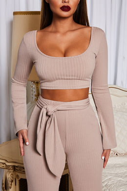 Hands Are Tied Ribbed Long Sleeve Crop Top in Stone