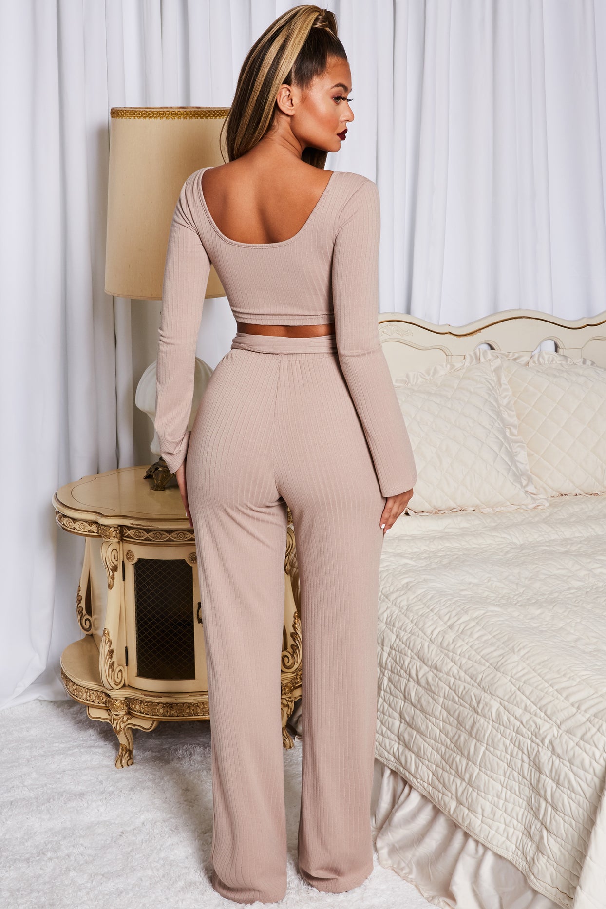 Hands Are Tied Petite Wide Leg Ribbed Trousers in Stone