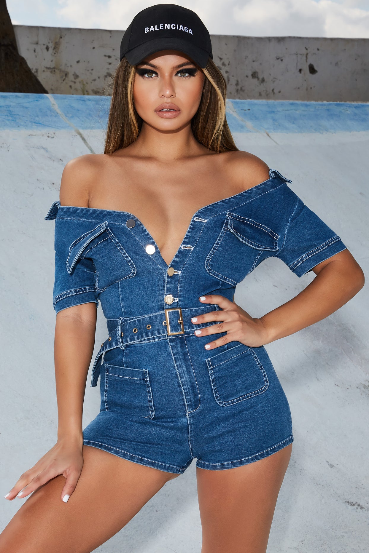 Let’s Play Belted Denim Playsuit in Blue