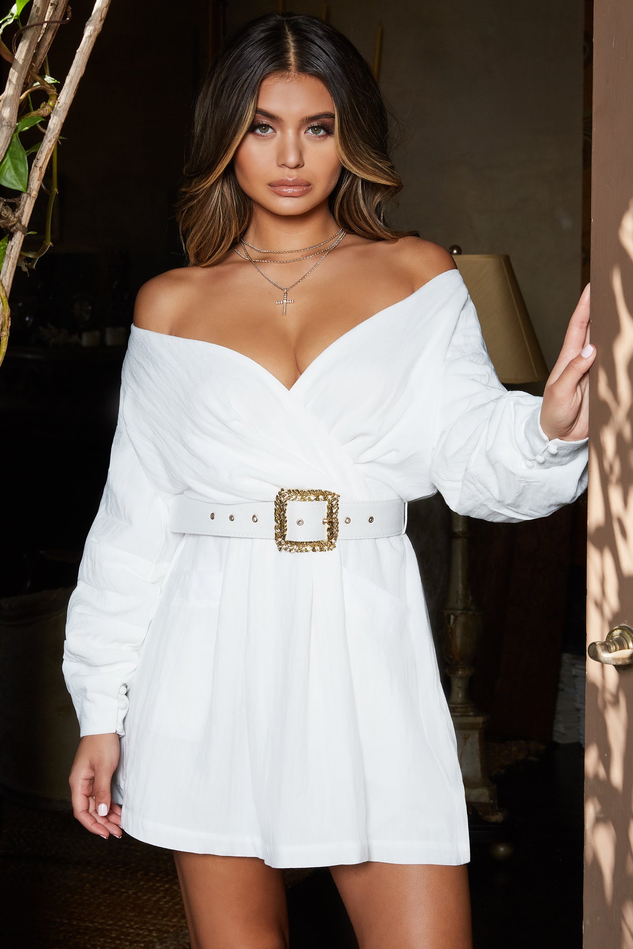 That's A Wrap Belted Off The Shoulder Mini Dress in White