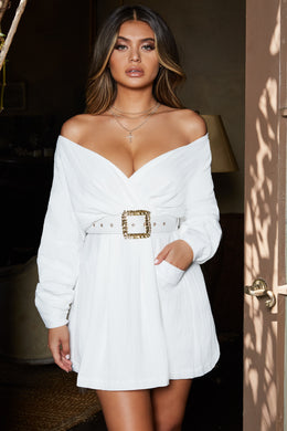 That's A Wrap Belted Off The Shoulder Mini Dress in White