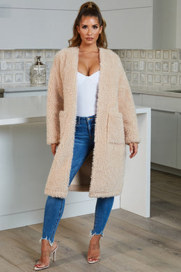 Dreamy Collarless Oversized Teddy Duster Coat in Sand
