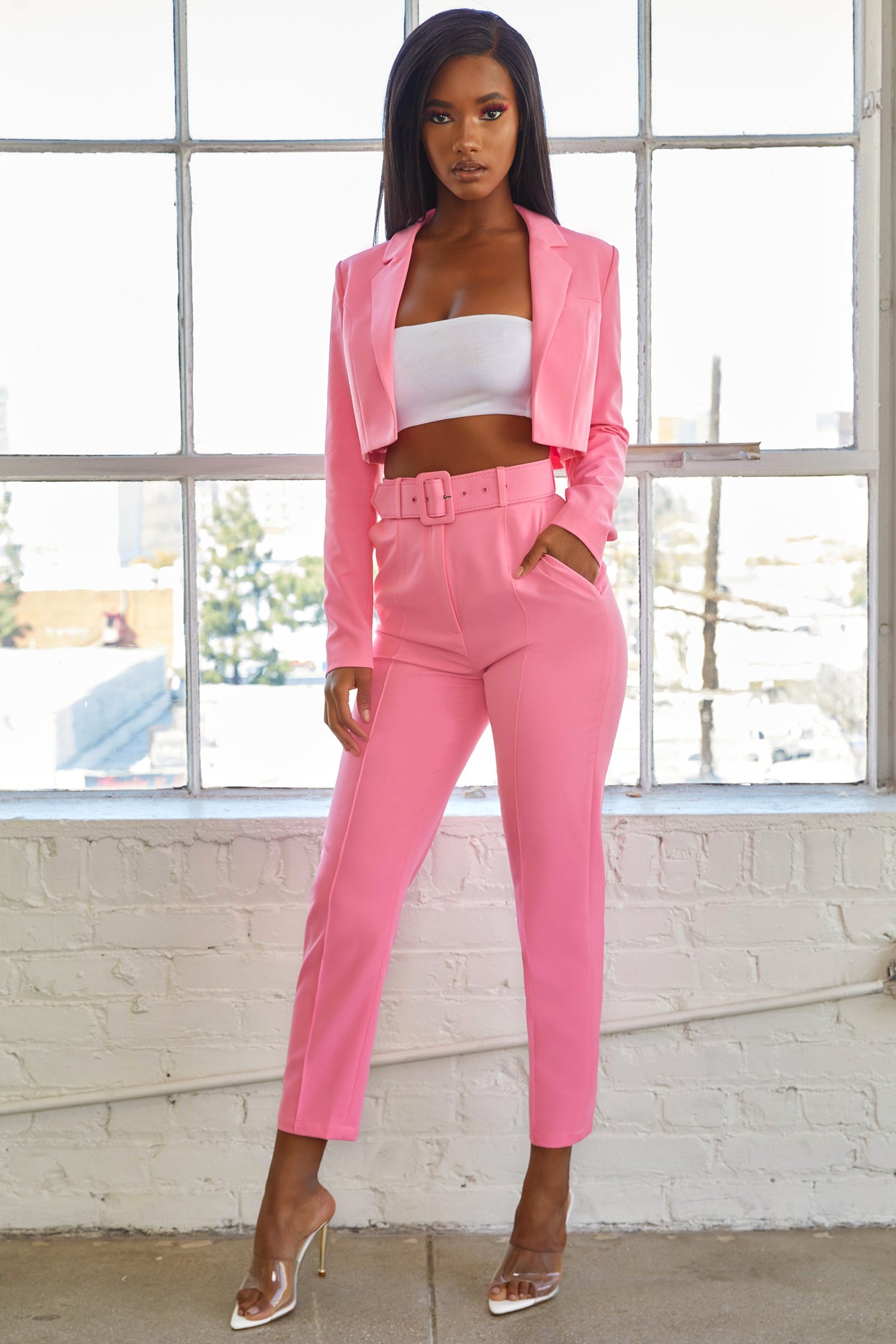 Pantalones Bossy de talle alto en rosa caramelo