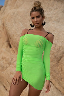 Overboard Off The Shoulder Mesh Bodycon Cover Up Dress in Neon Green