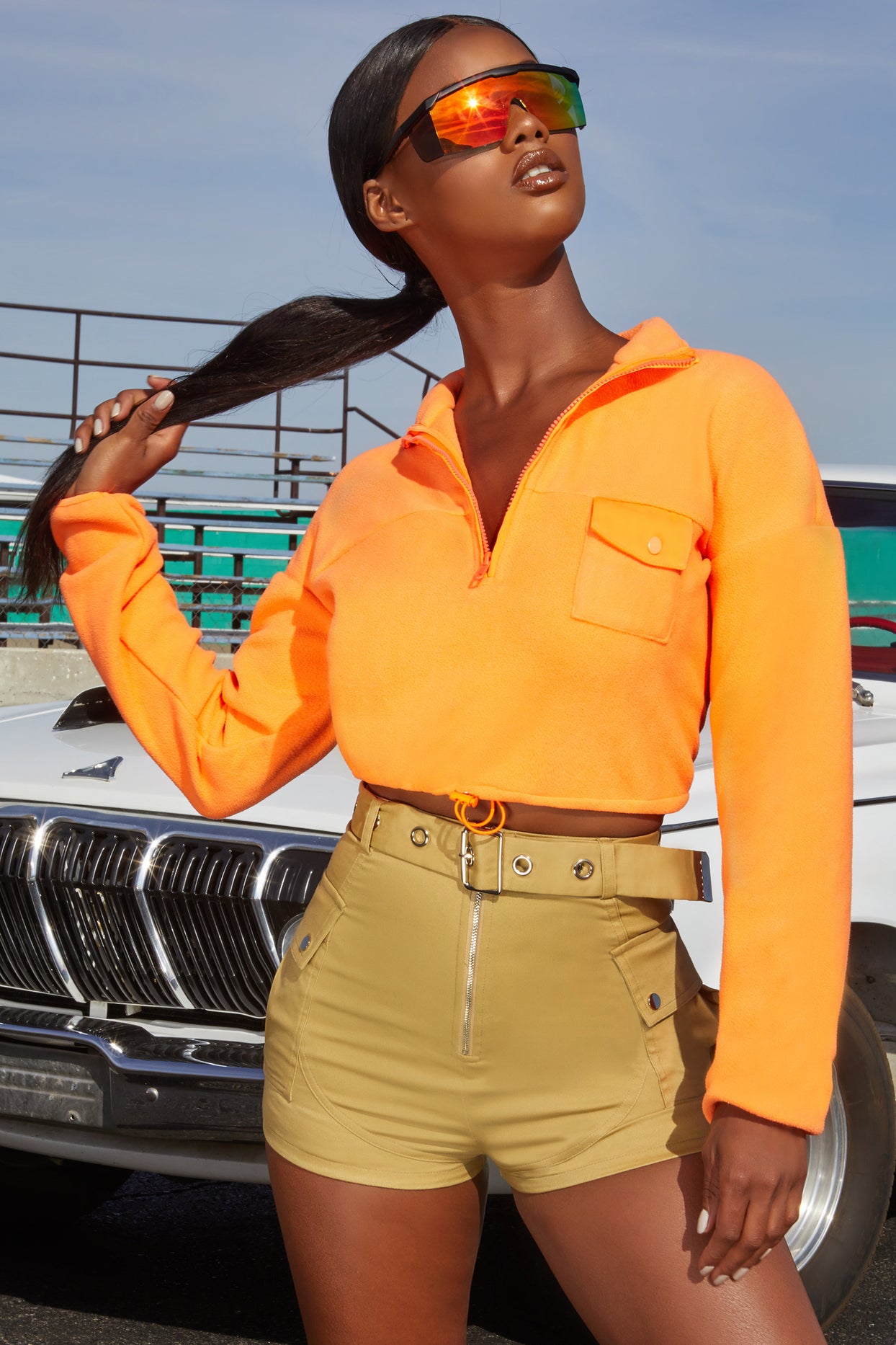 Don’t Sweat It Zip Front Cropped Fleece Sweater in Neon Orange
