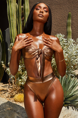 Metallic Tie Front Bandeau Bikini Top in Bronze