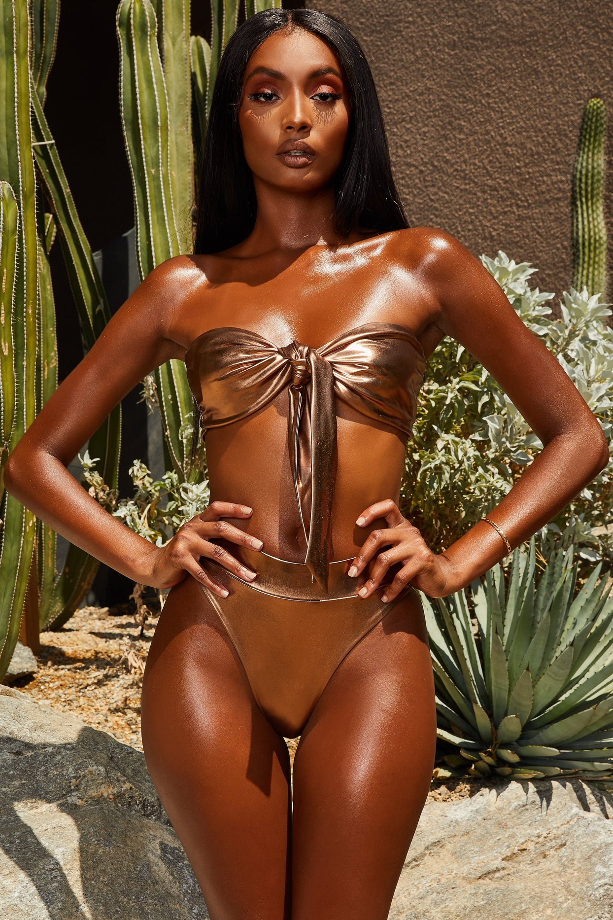 Metallic Tie Front Bandeau Bikini Top in Bronze