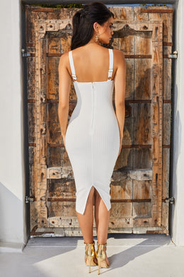 Long Hot Summer Ribbed Bandage Midi Dress in Oyster White