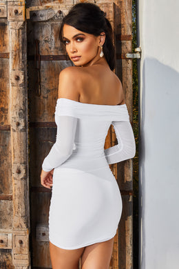 Sheer Attraction Mesh Long Sleeve Bardot Mini Dress in Oyster White