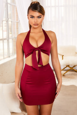 Knot Your Baby Satin High Waisted Bodycon Mini Skirt in Dark Red