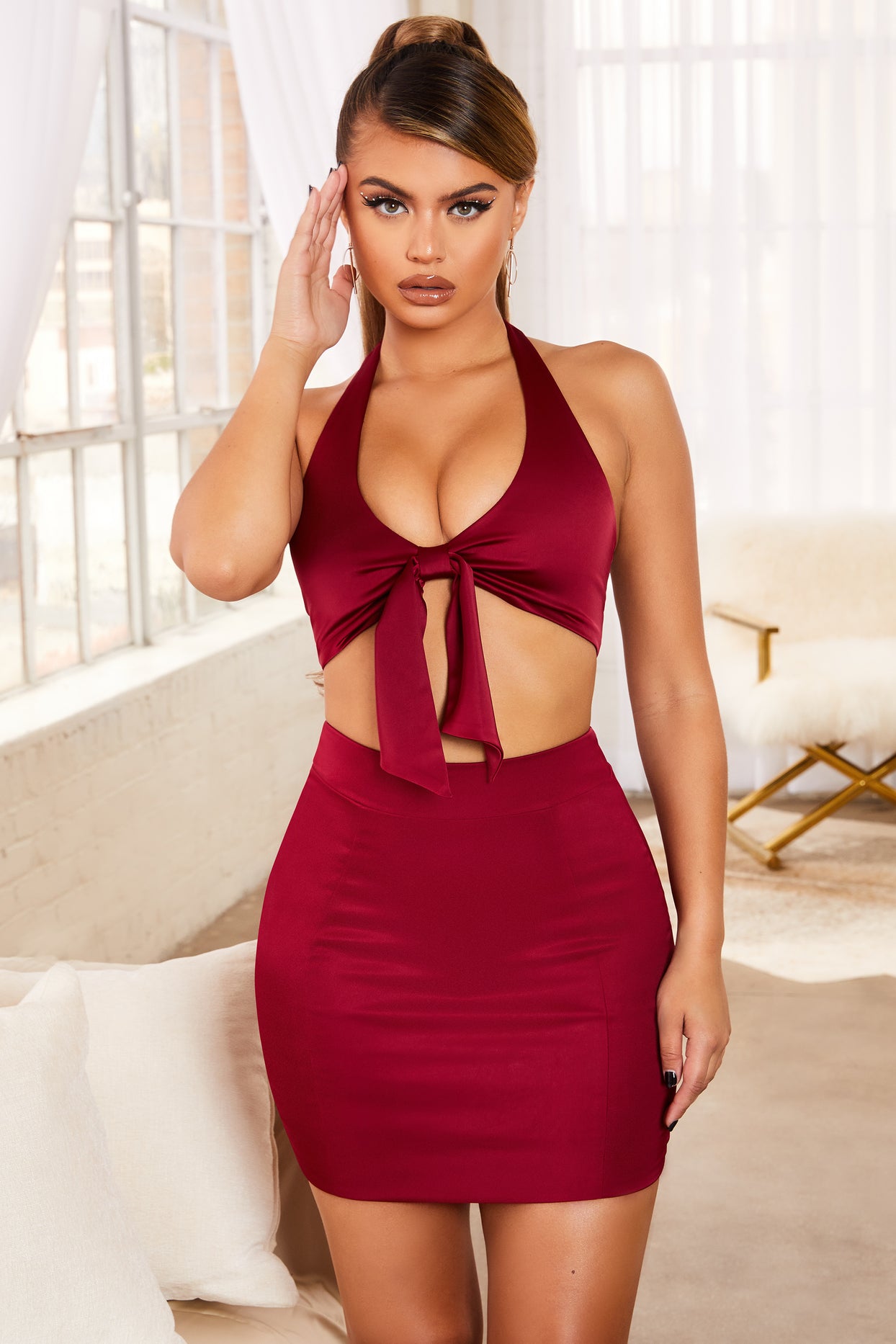 Knot Your Baby Satin High Waisted Bodycon Mini Skirt in Dark Red
