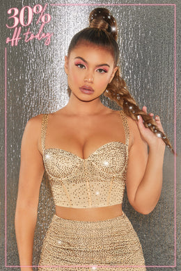 After Party Underwired Embellished Bustier Crop Top in Gold