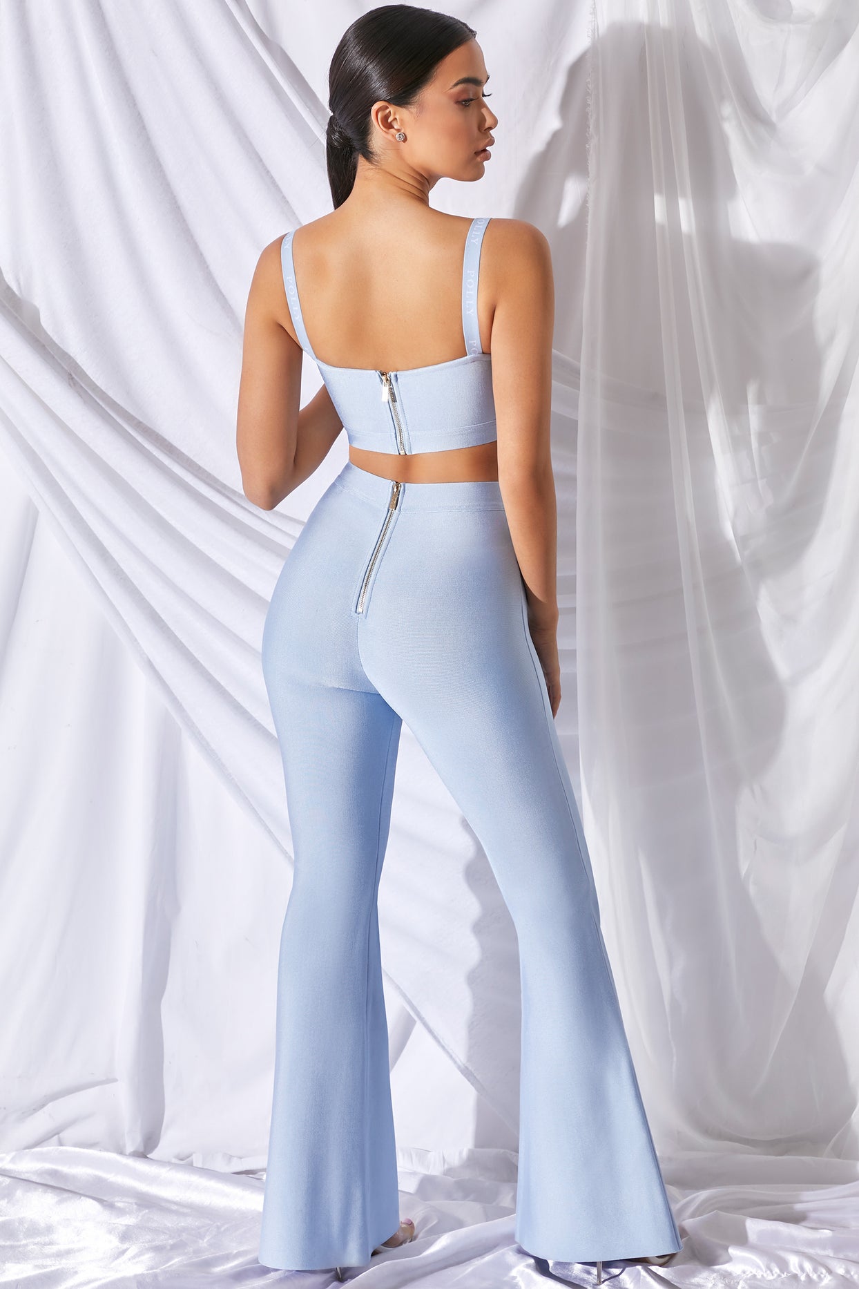 Too Good For You Petite High Waisted Bandage Flare Trousers in Blue