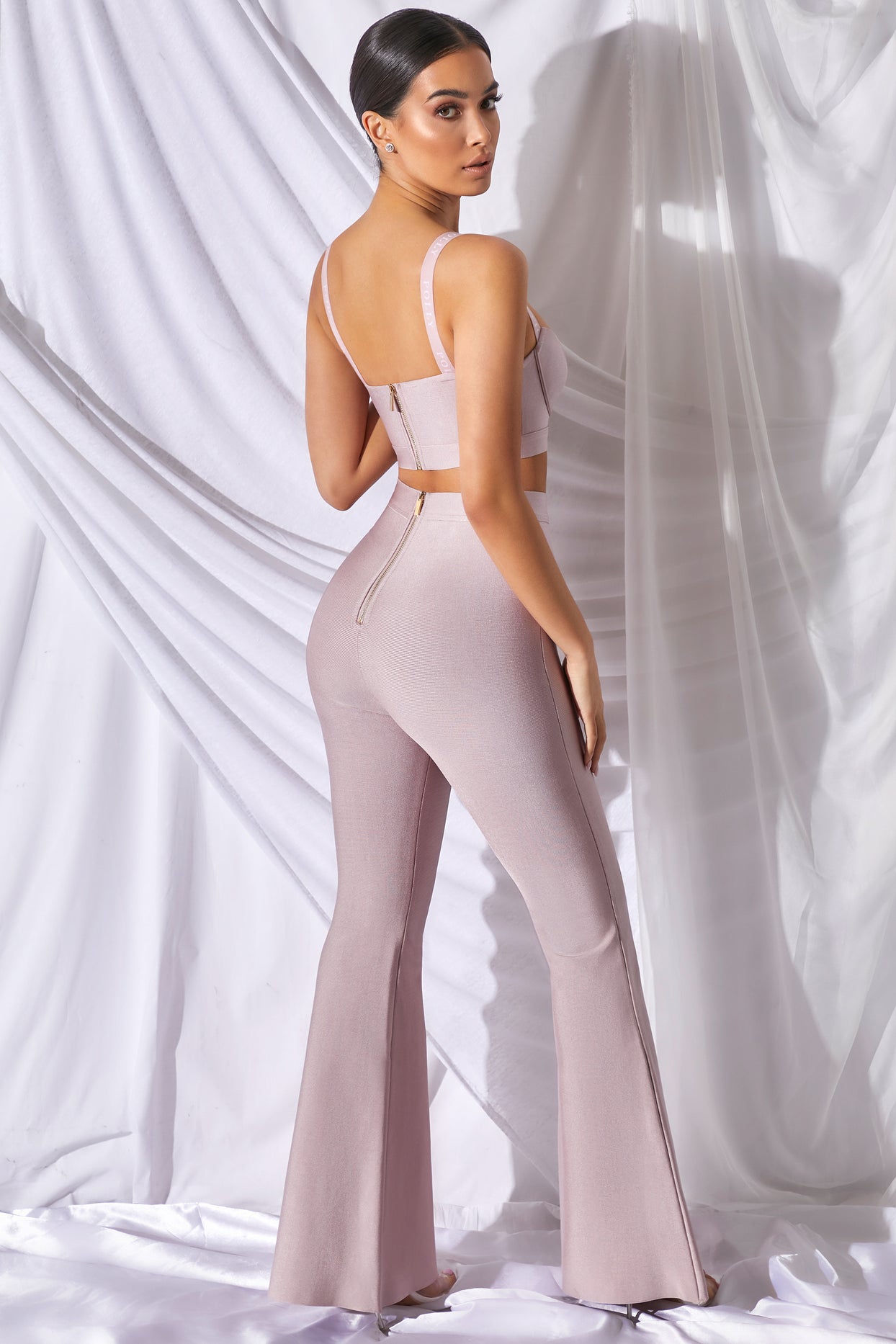 Too Good For You Petite High Waisted Bandage Flare Trousers in Mauve