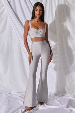 Too Good For You Petite High Waisted Bandage Flare Trousers in Grey