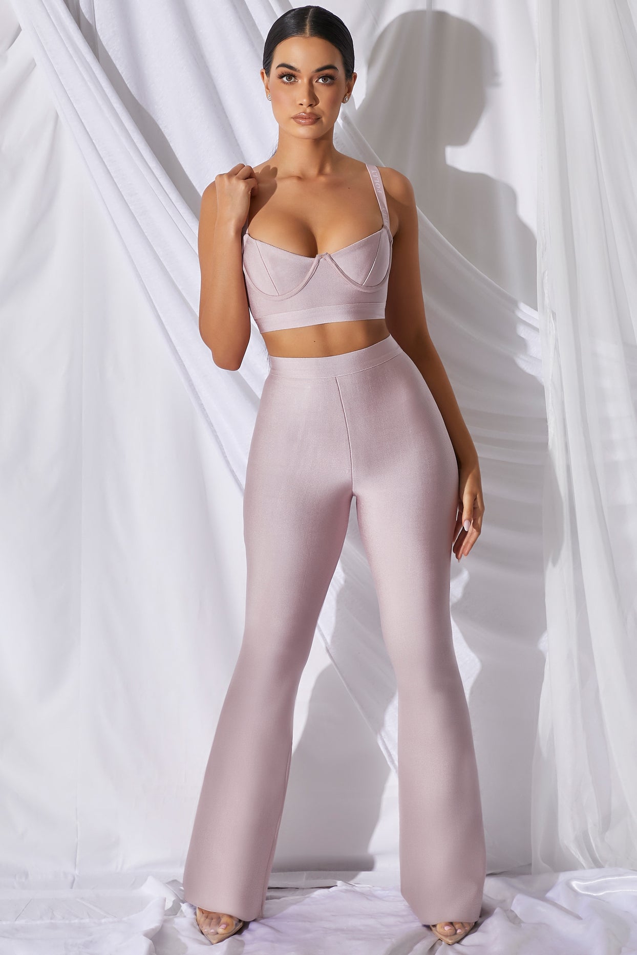 Too Good For You Petite High Waisted Bandage Flare Trousers in Mauve