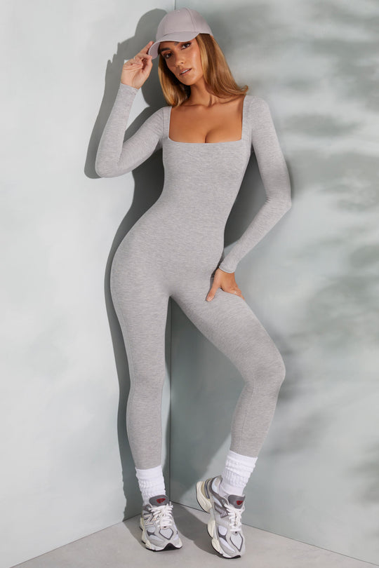 Delanie Square Neck Long Sleeve Jumpsuit in Marled Grey | Oh Polly