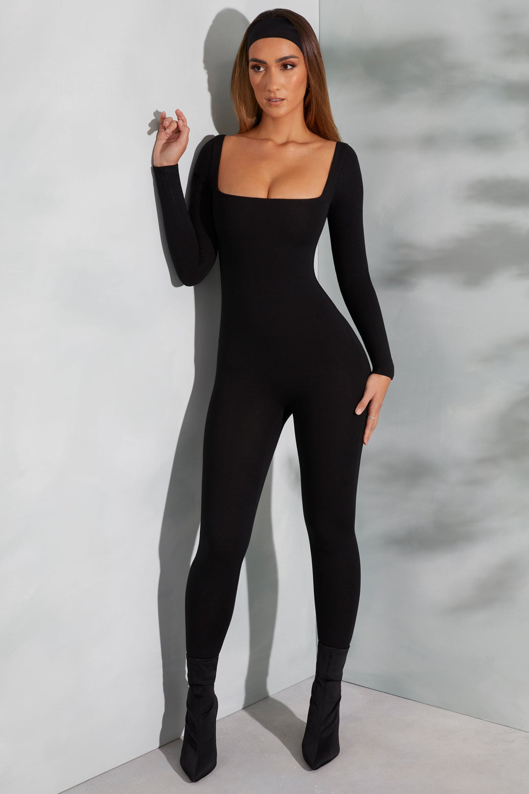Shape Of You Square Neck Long Sleeve Jumpsuit in Black | Oh Polly