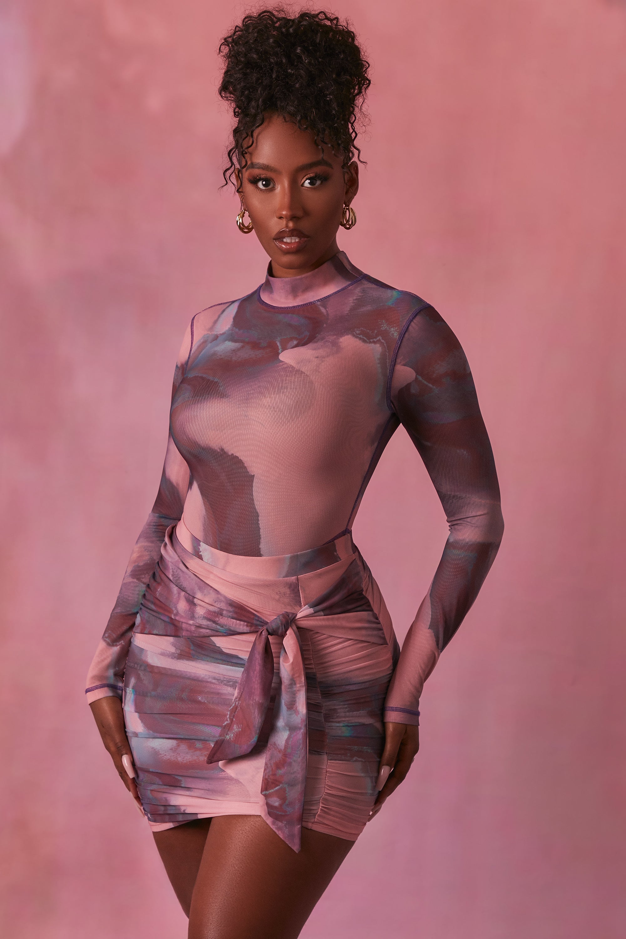 Supernova High Neck Long Sleeve Mesh Bodysuit in Blush | Oh Polly