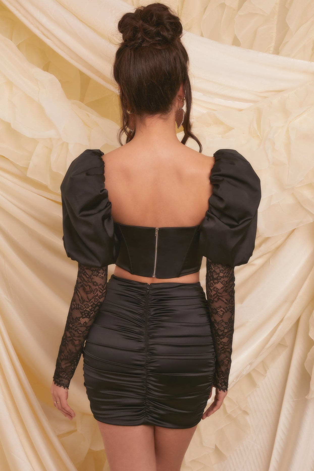 Puff Sleeve Satin Lace Crop Top in Black