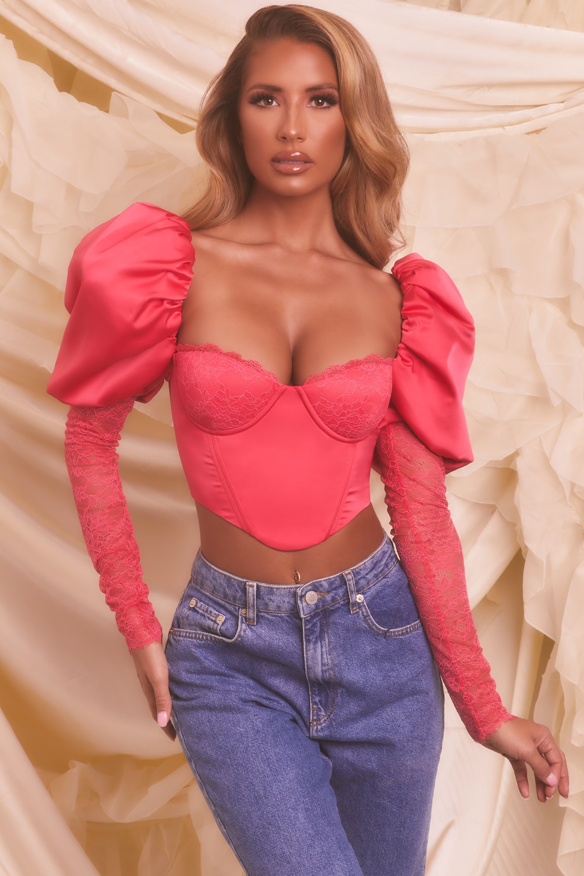 satin puff sleeve crop top