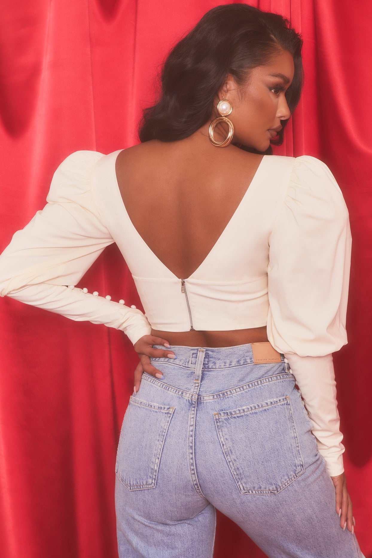 Plunge Neck Puff Sleeve Crop Top in Oyster White