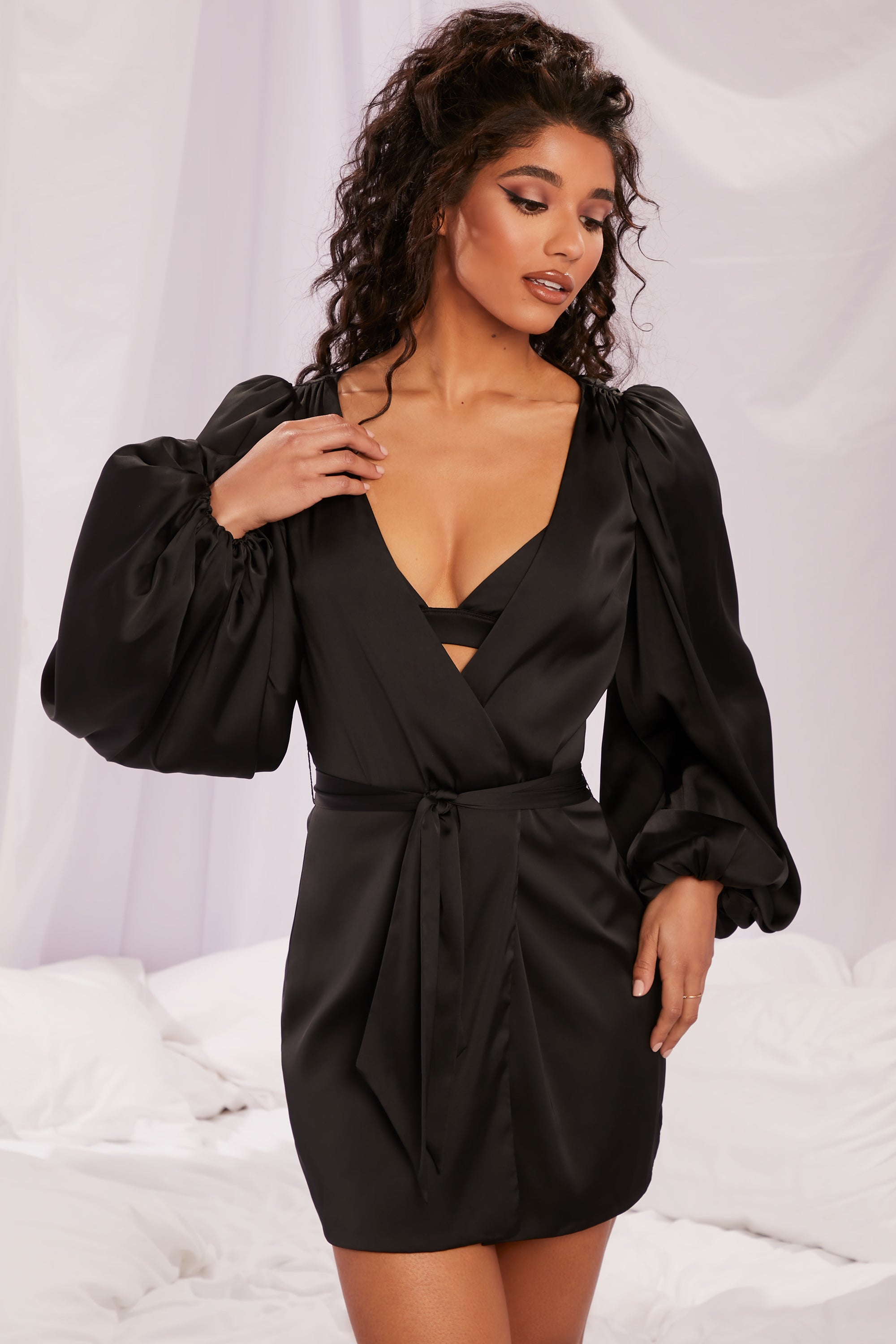 Soft Nights Satin Balloon Sleeve Robe in Black | Oh Polly
