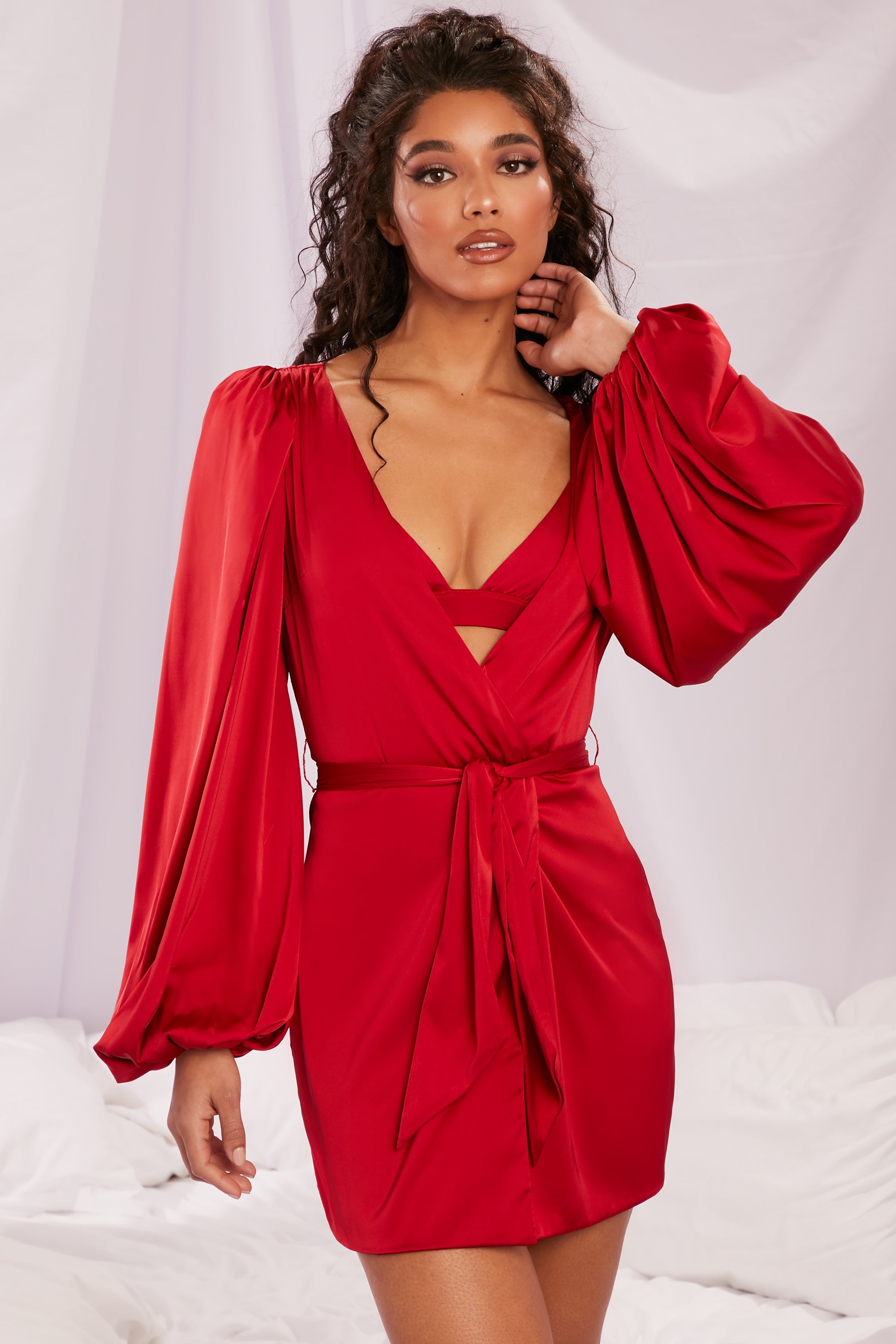 Soft Nights Satin Balloon Sleeve Robe in Red | Oh Polly
