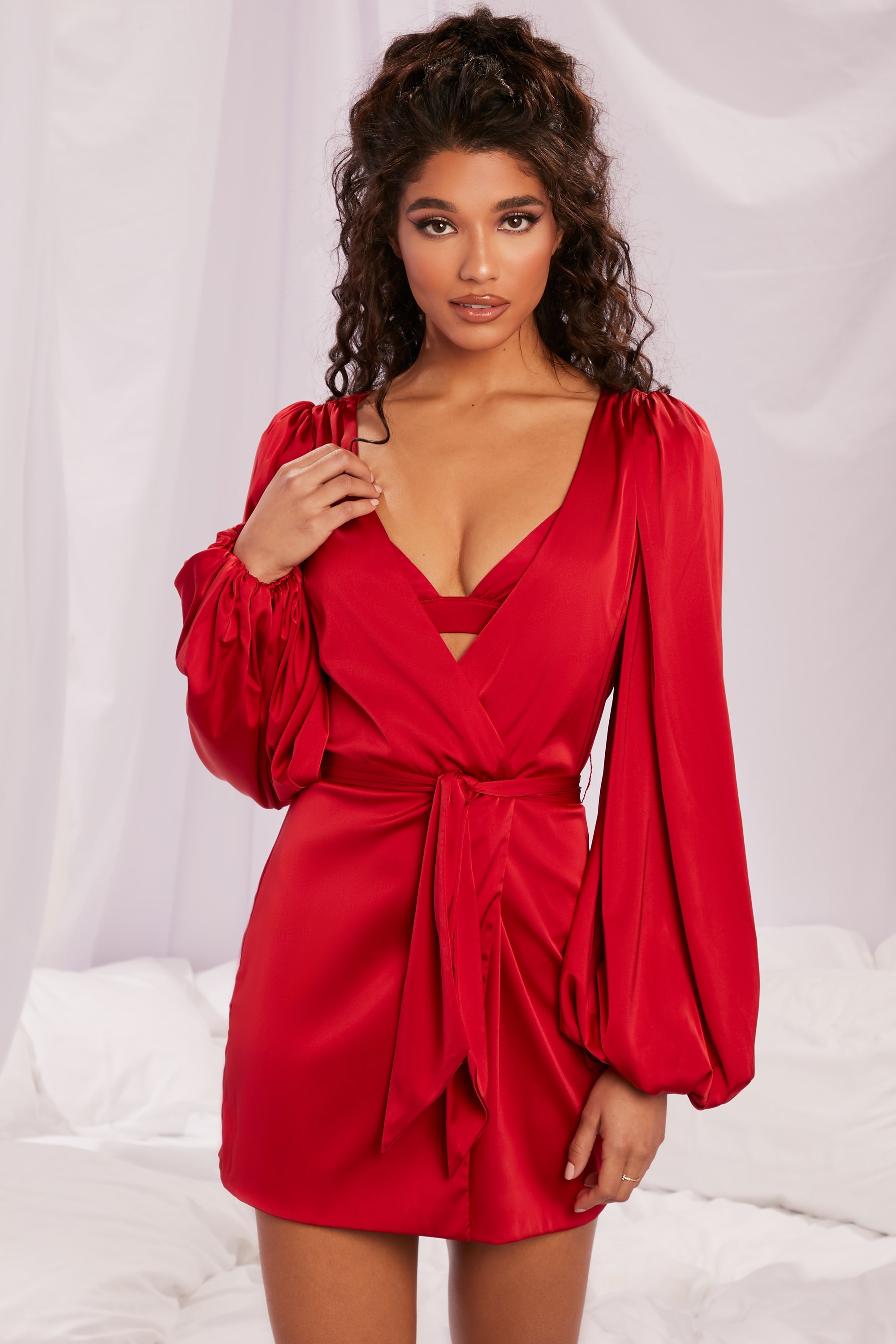 Satin balloon shop sleeve dress