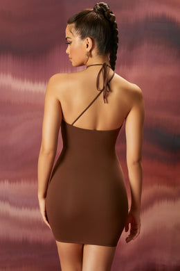 One Shoulder Choker Mini Dress in Brown