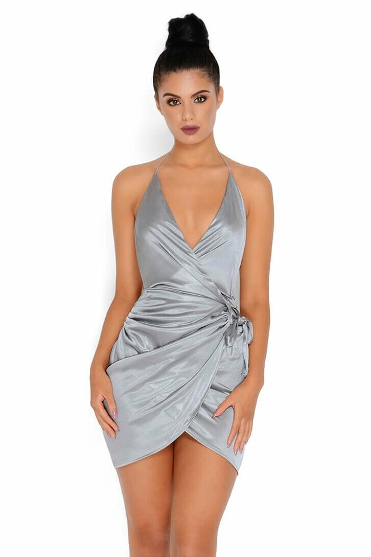 Holy Wrap Satin Wrap Mini Dress in Grey
