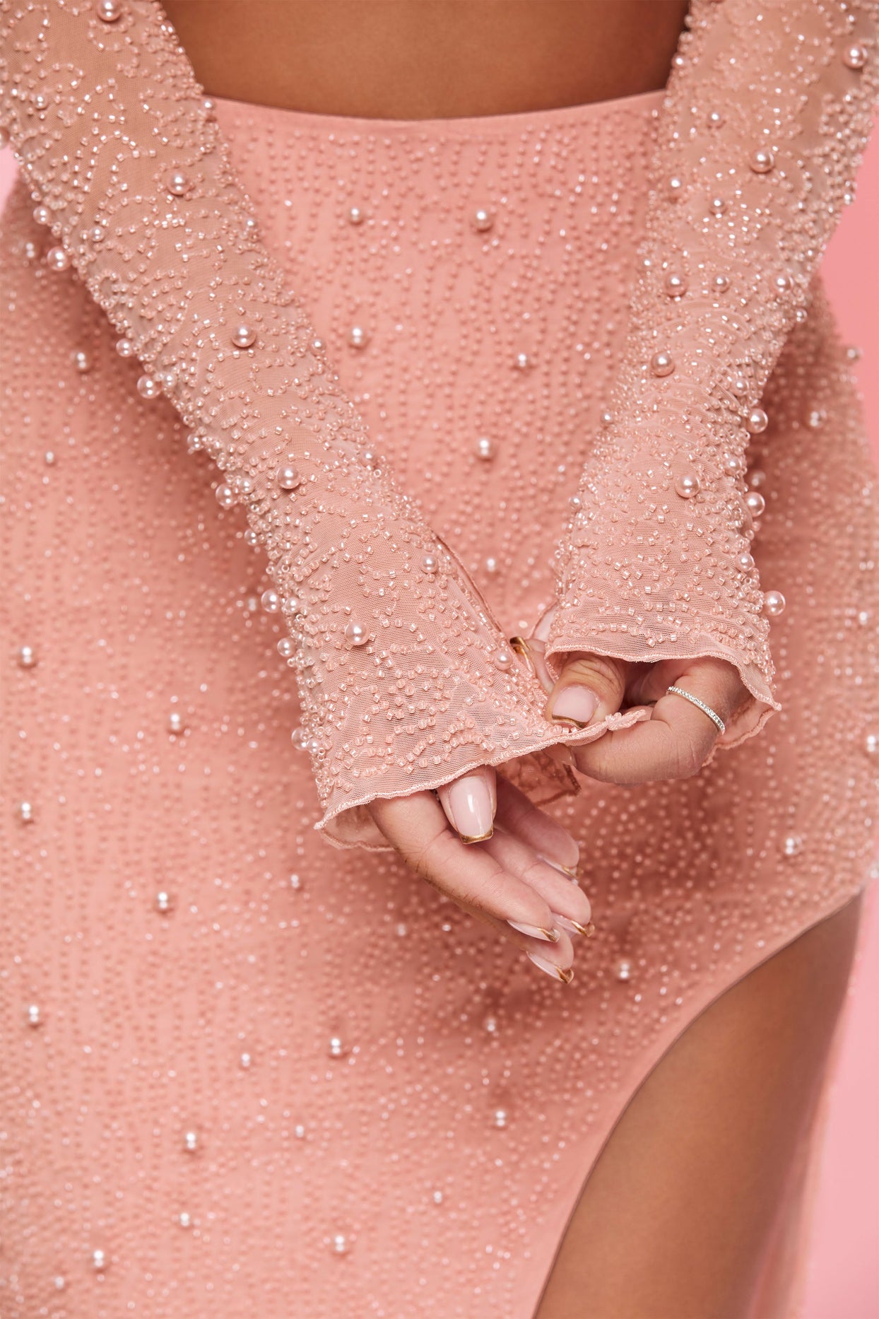 Lucerne Embellished Long Sleeve Cowl Neck Crop Top in Pink