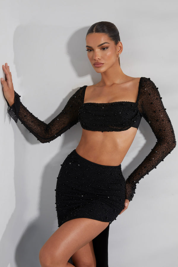 Embellished Cowl Neck Crop Top in Black - 1