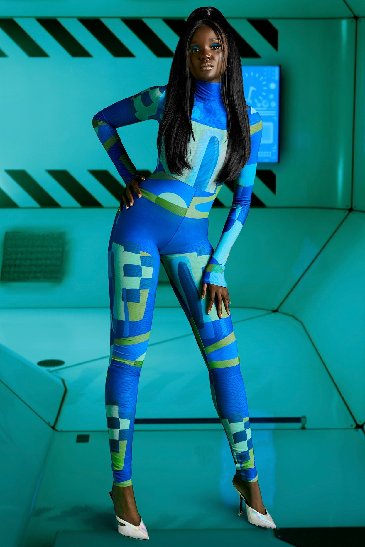 High Vibrations High Neck Long Sleeve Jumpsuit in Blue Print