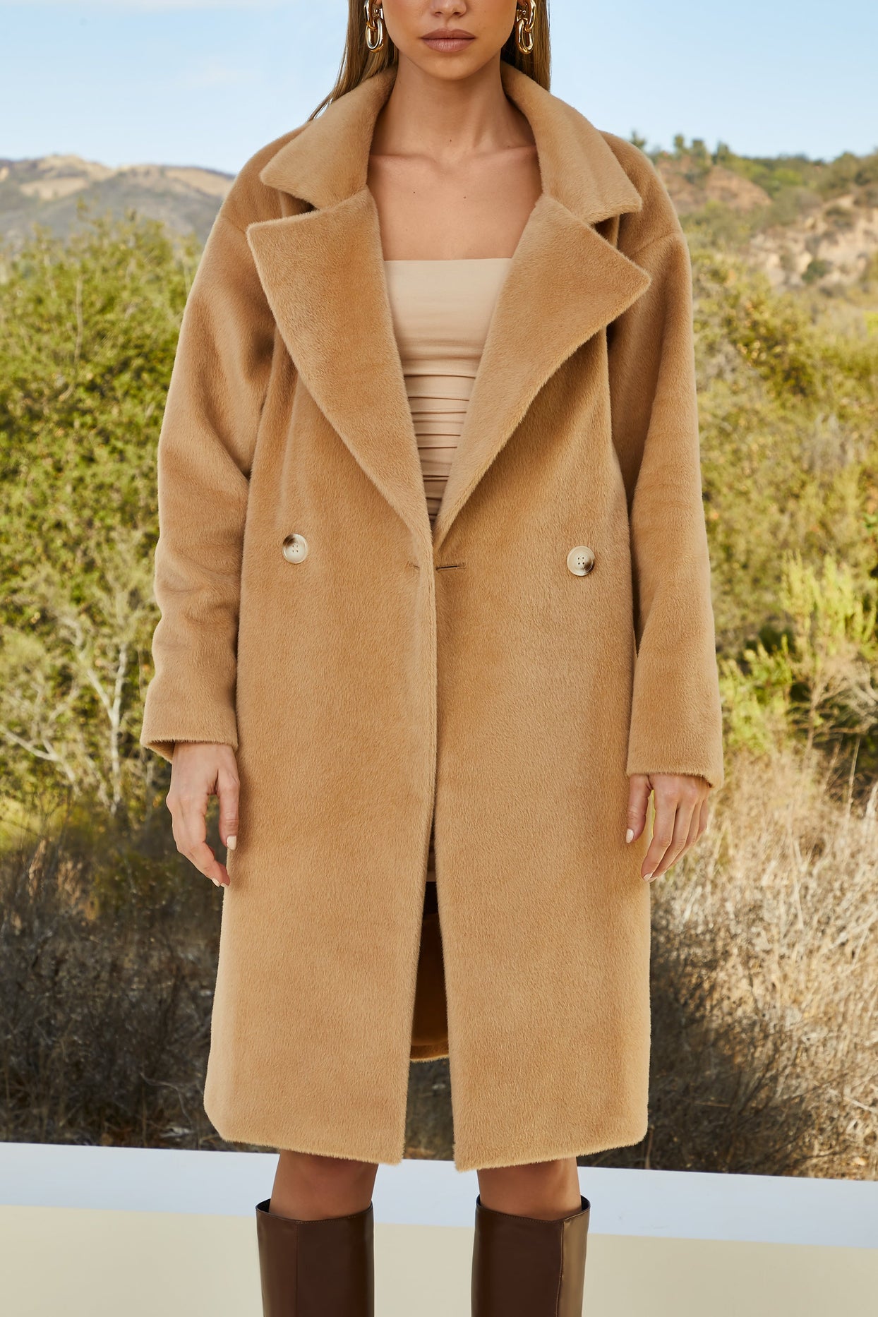 Knee Length Double Breasted Coat in Tan