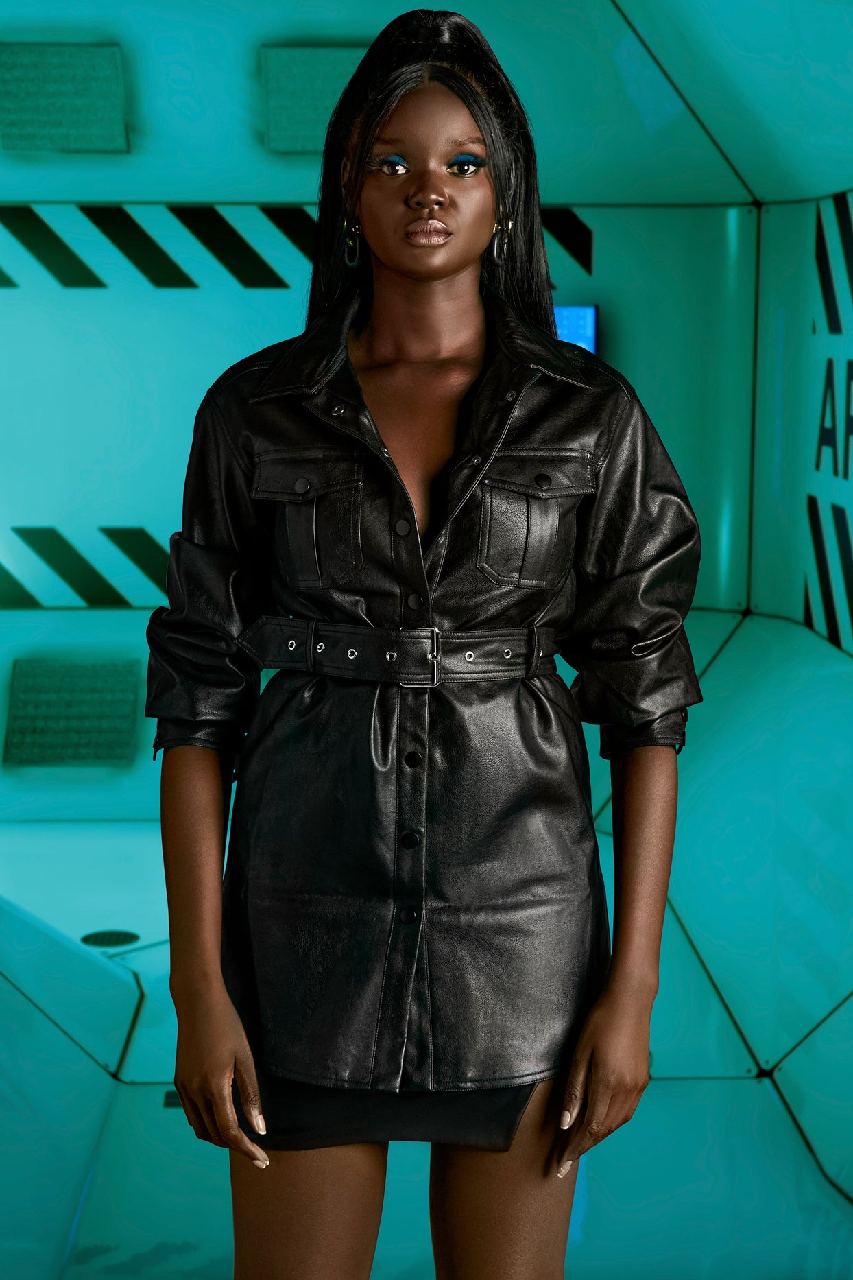 Waist Your Time Faux Leather Belted Shacket In Black