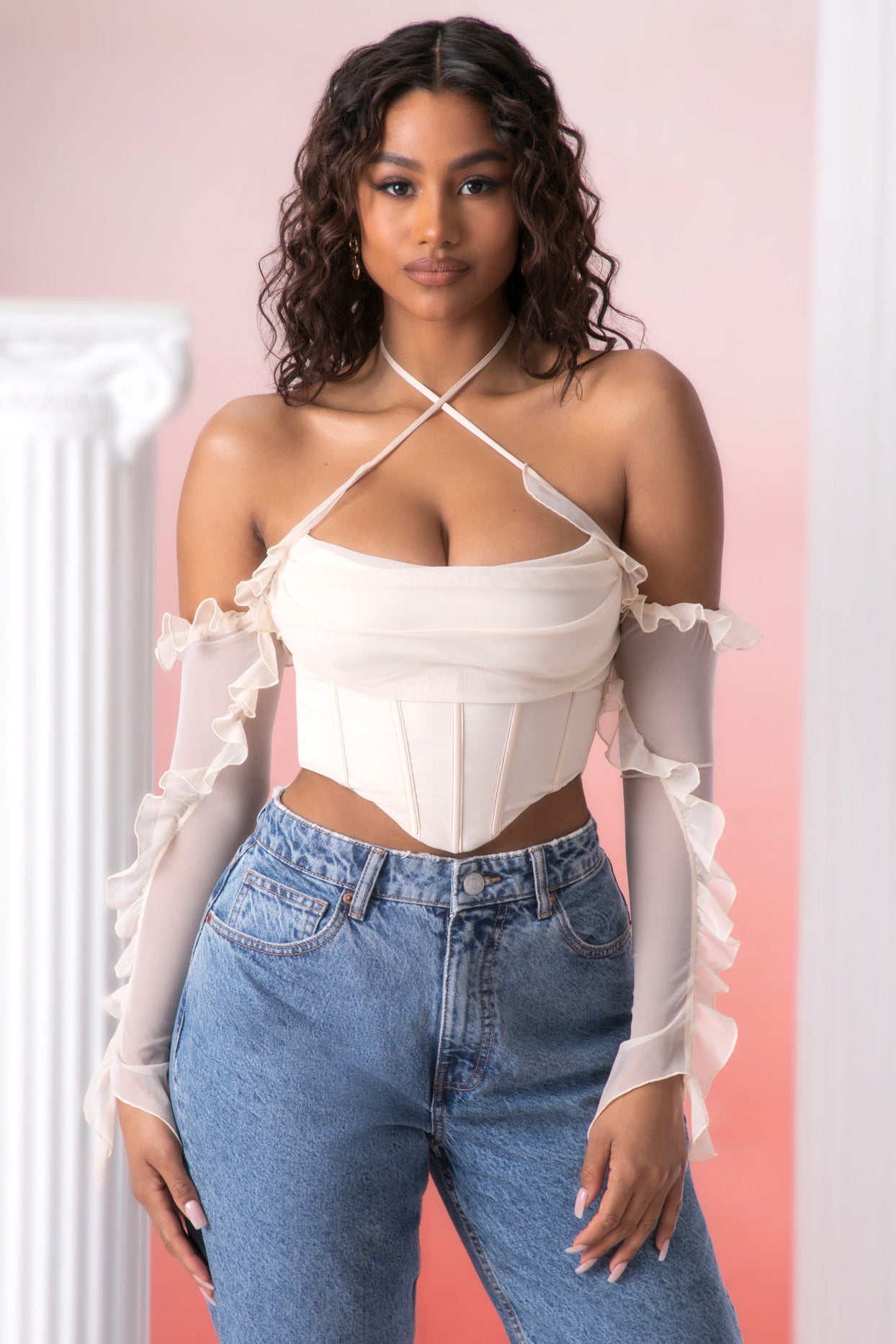 Stone Frill Detail Cowl Neck Crop Top