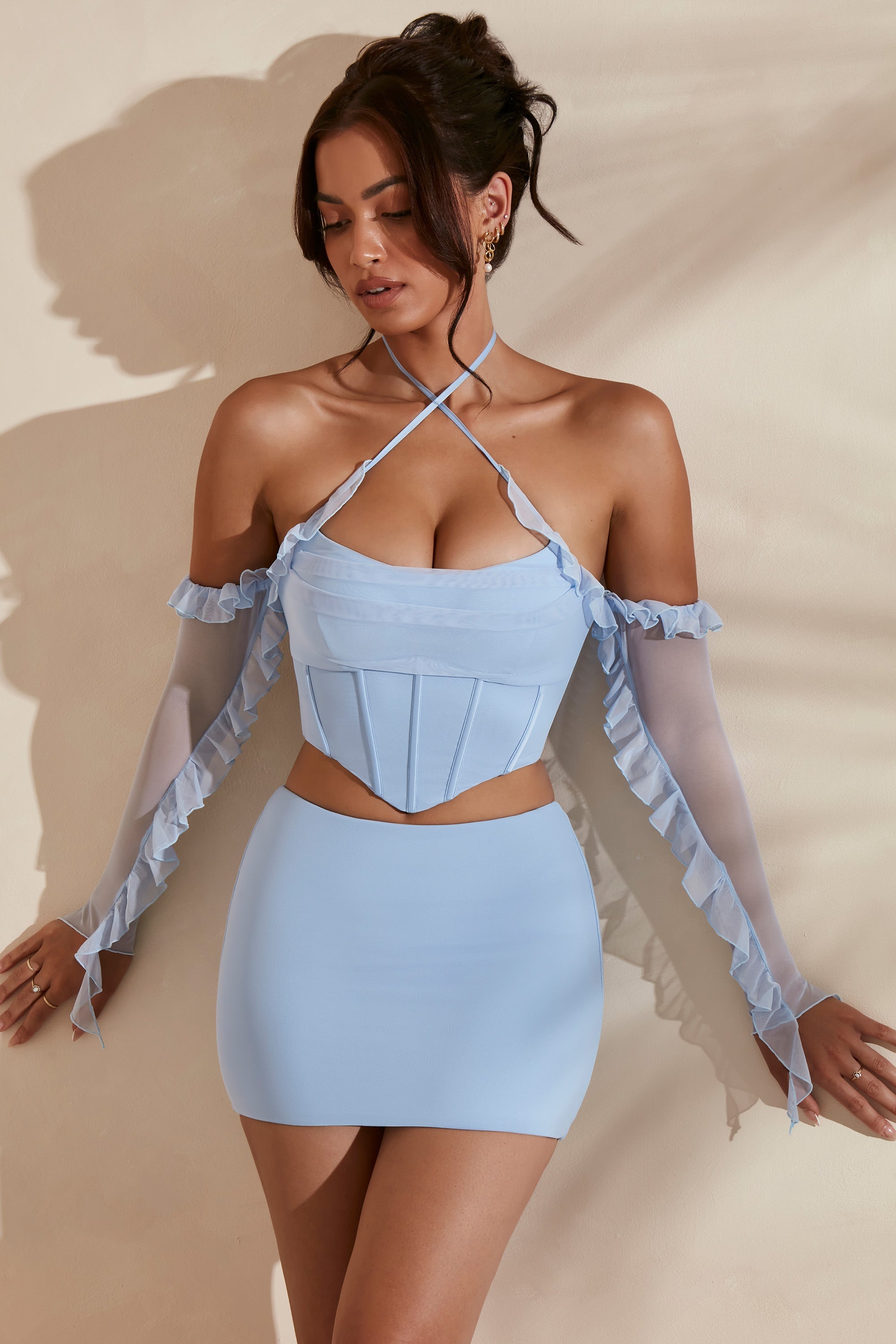 Noemi Long Sleeve Cowl Neck Corset Crop Top in Light Blue | Oh Polly