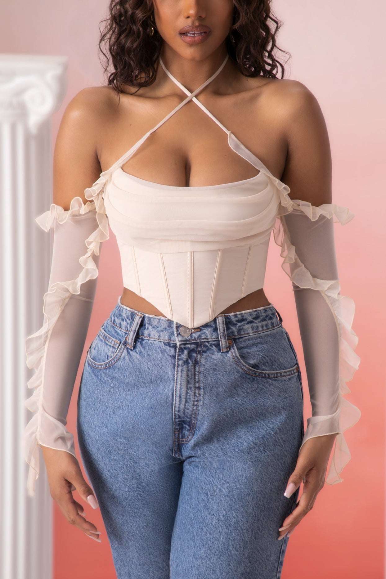 Stone Frill Detail Cowl Neck Crop Top