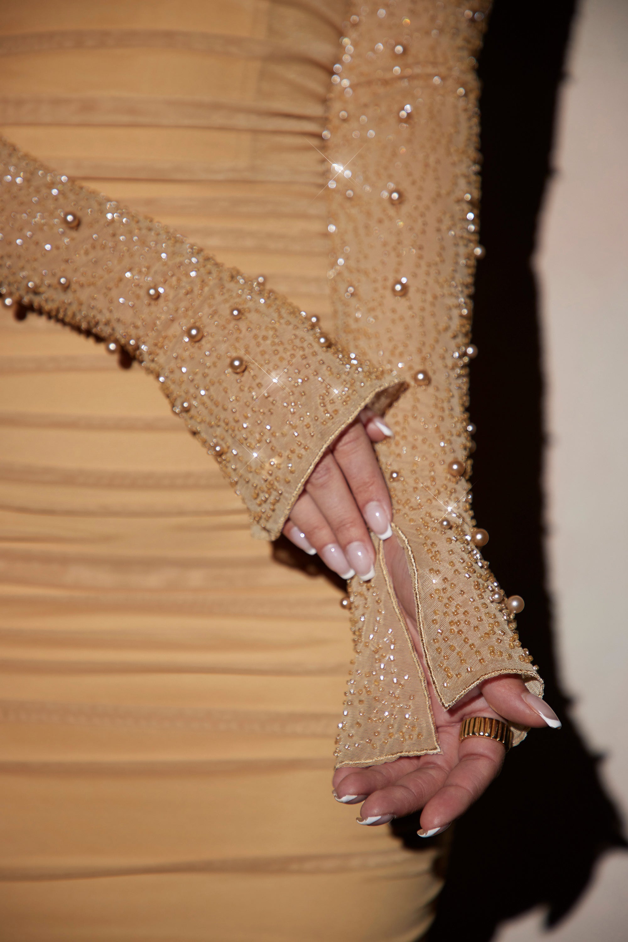 St Germain Long Sleeve Embellished Mini Dress in Gold Oh Polly