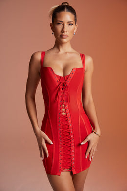 Lace Up Corset Mini Dress in Red