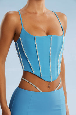 Close up of Embellished Corset Crop Top in Blue