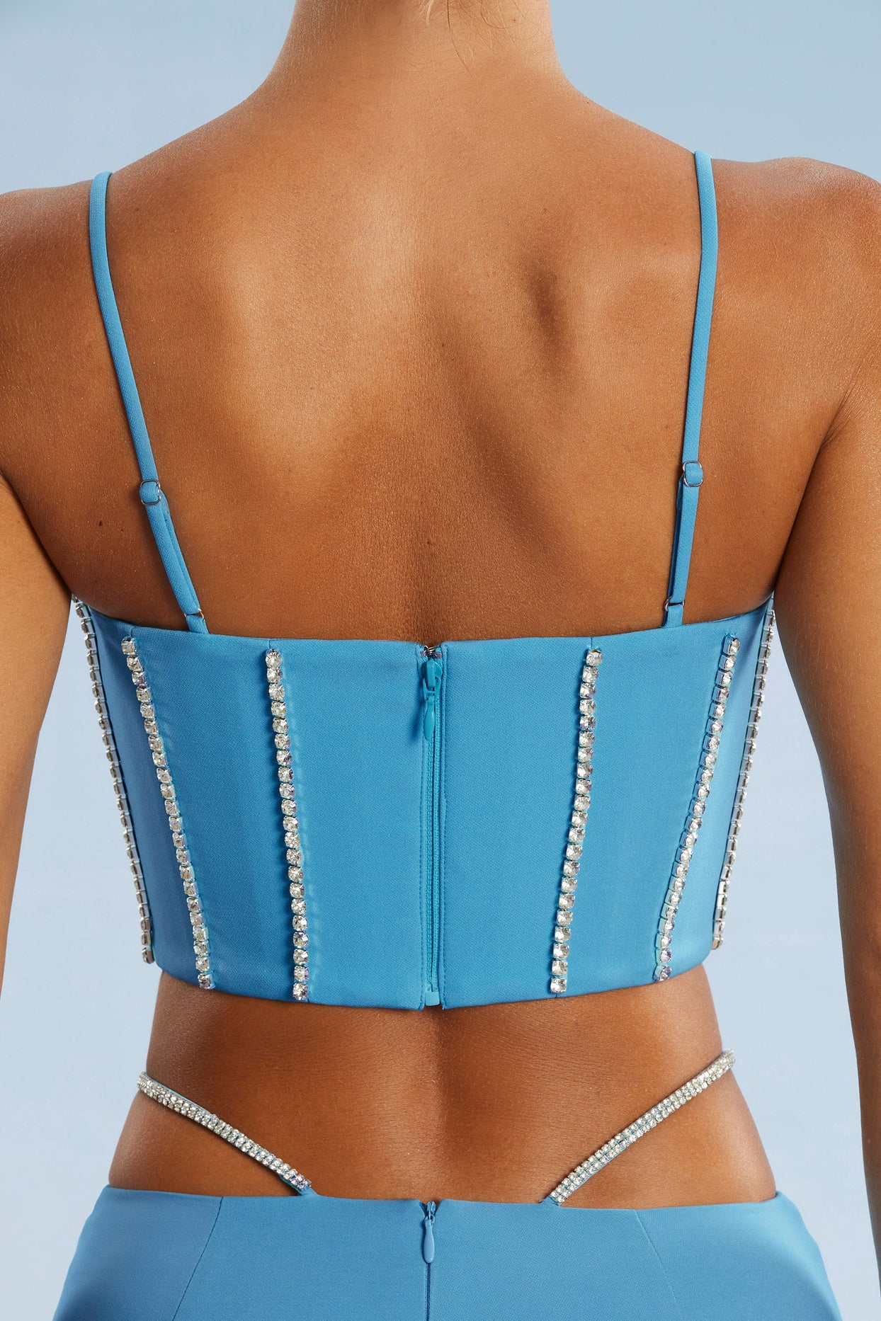 Close up of Embellished Corset Crop Top in Blue