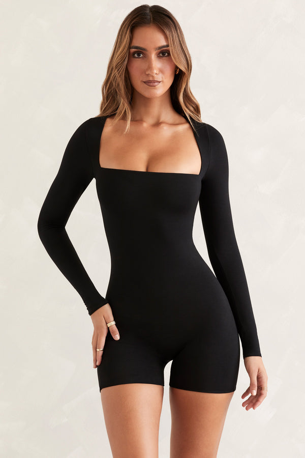Long Sleeve Square Neck Unitard in Black - 1