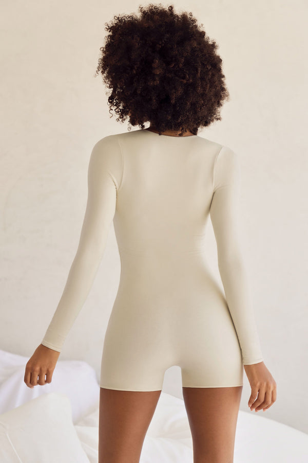 Long Sleeve Square Neck Unitard in Ivory - 2
