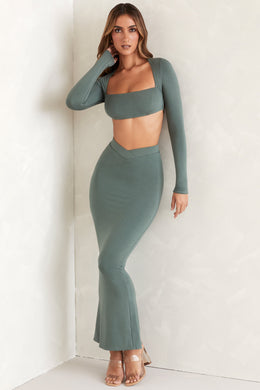 Cut Out Back Long Sleeve Crop Top in Green