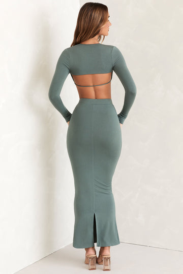 Avril Cut Out Back Long Sleeve Crop Top in Green | Oh Polly